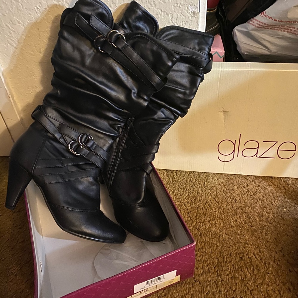 Glaze Bright Black Buckle Slouch High Heel Boots